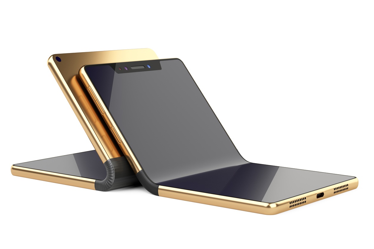 Two golden flexible foldable smartphone - concept. 3D illustration isolated over white background.