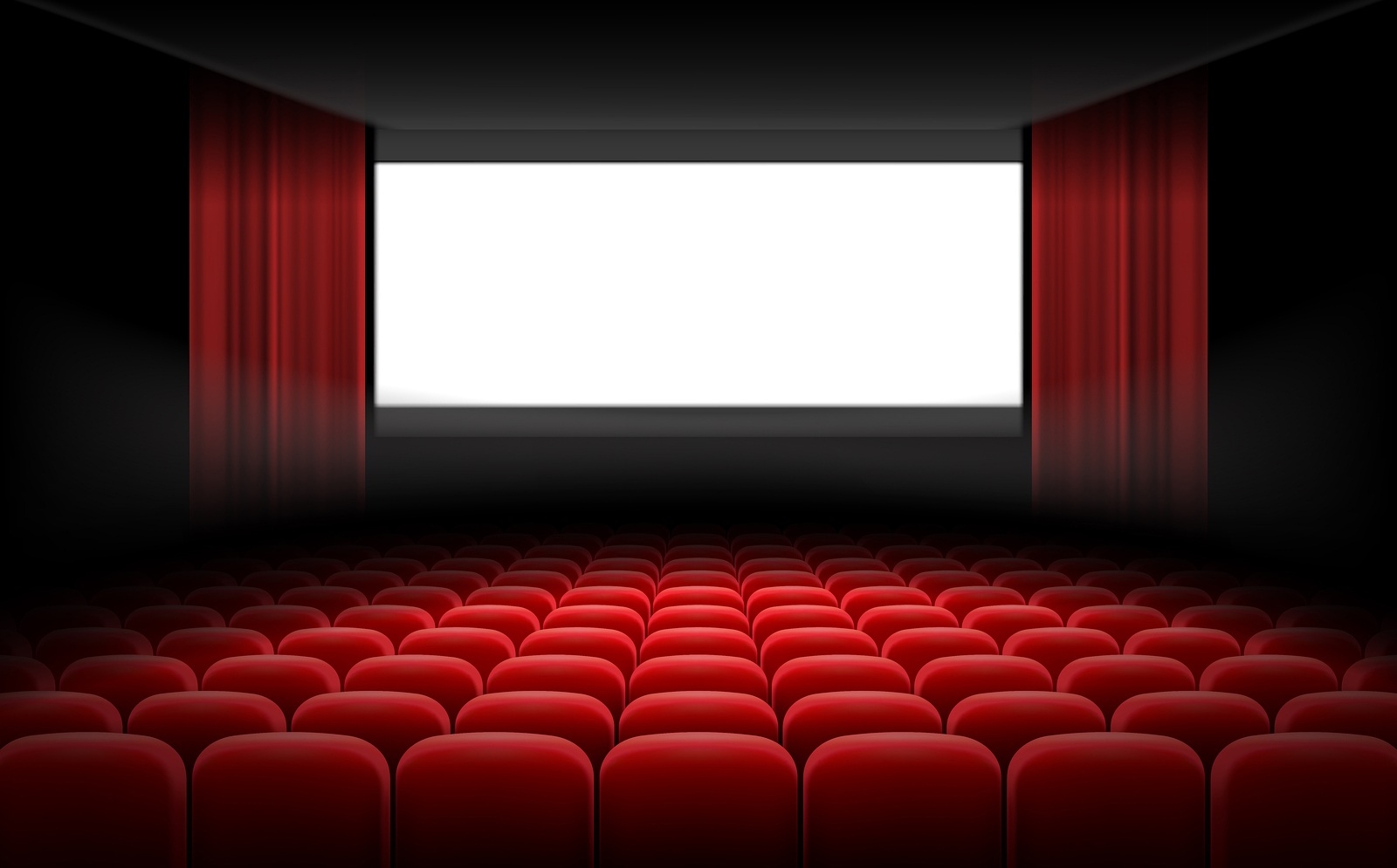 White luminous cinema movie theatre screen with red curtains and rows of chairs, realistic illustration, background. Concept movie premiere, poster with interior of a cinema and space for text