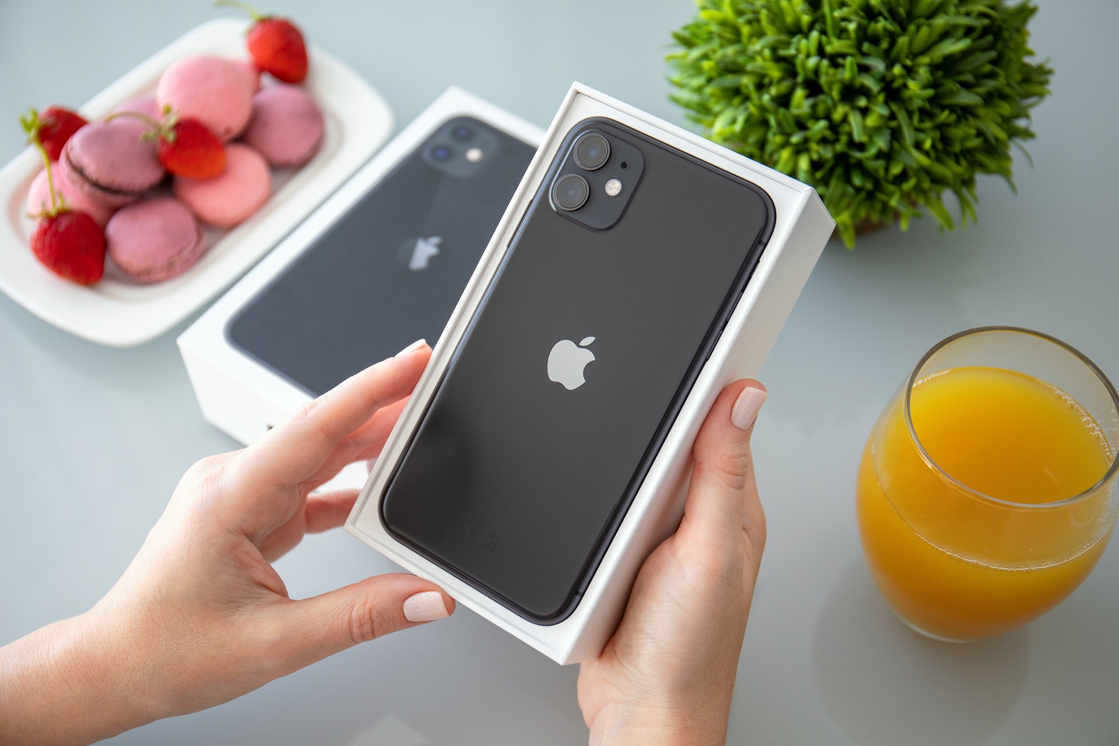 Anapa, Russia - October 1, 2019: Woman hand holding box Apple iPhone 11 under the table. iPhone was created and developed by the Apple inc.