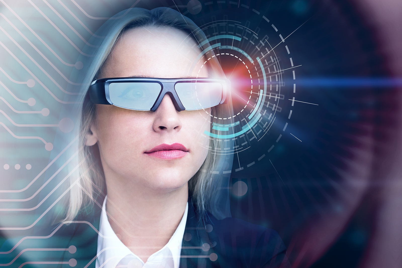 Beautiful blonde businesswoman in AR glasses standing over blurred purple background with double exposure of HUD interface and circuits. Toned image