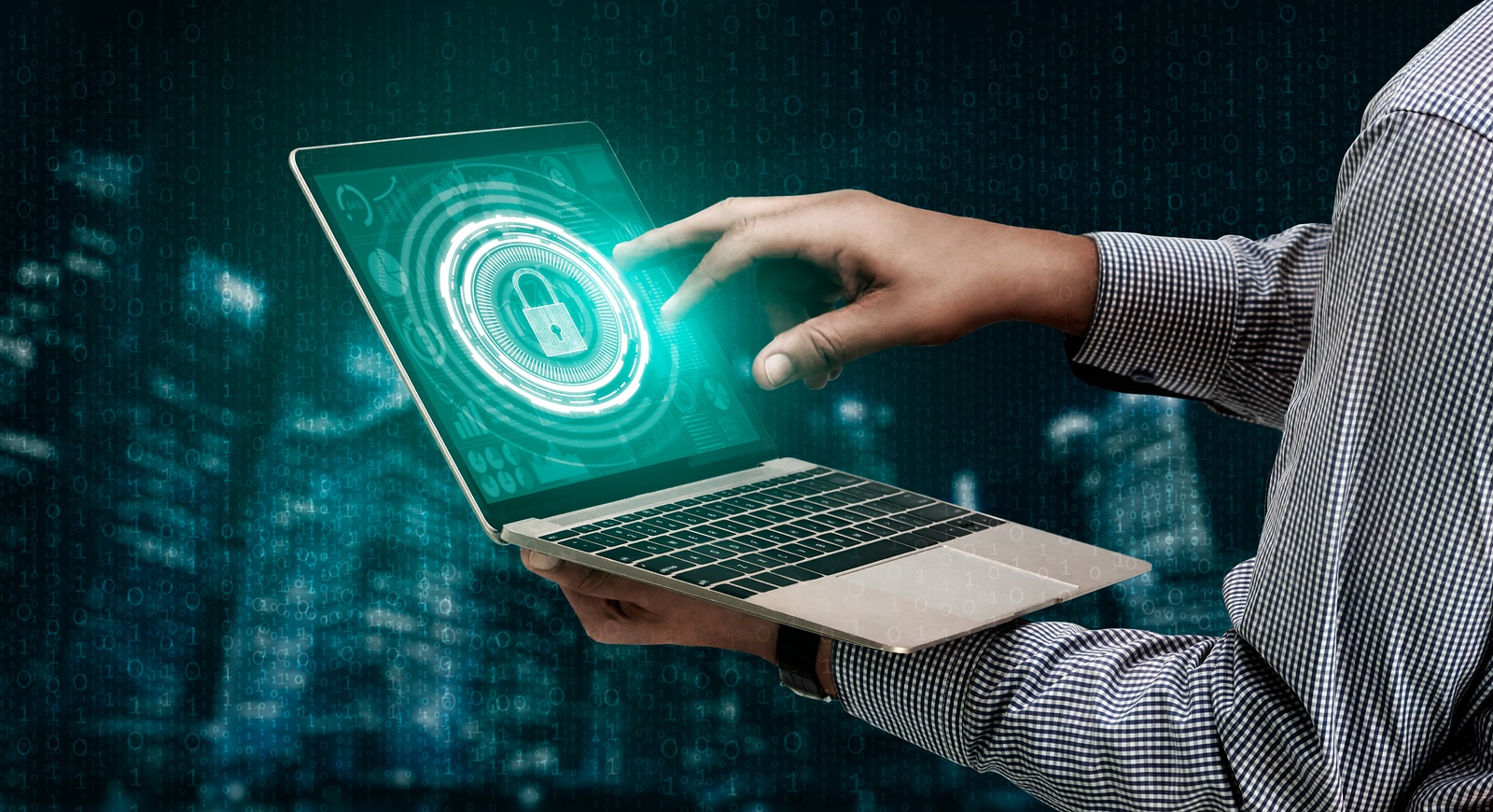 Cyber Security and Digital Data Protection Concept. Icon graphic interface showing secure firewall technology for online data access defense against hacker, virus and insecure information for privacy.