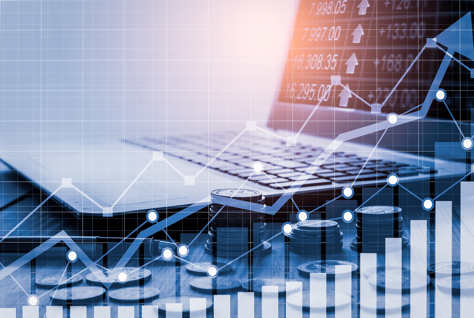 Stock market graph and business financial data on LED. Business graph and stock financial indicator. Stock or business market analysis concept. Business financial or stock market background. Business graph on stock market financial exchange