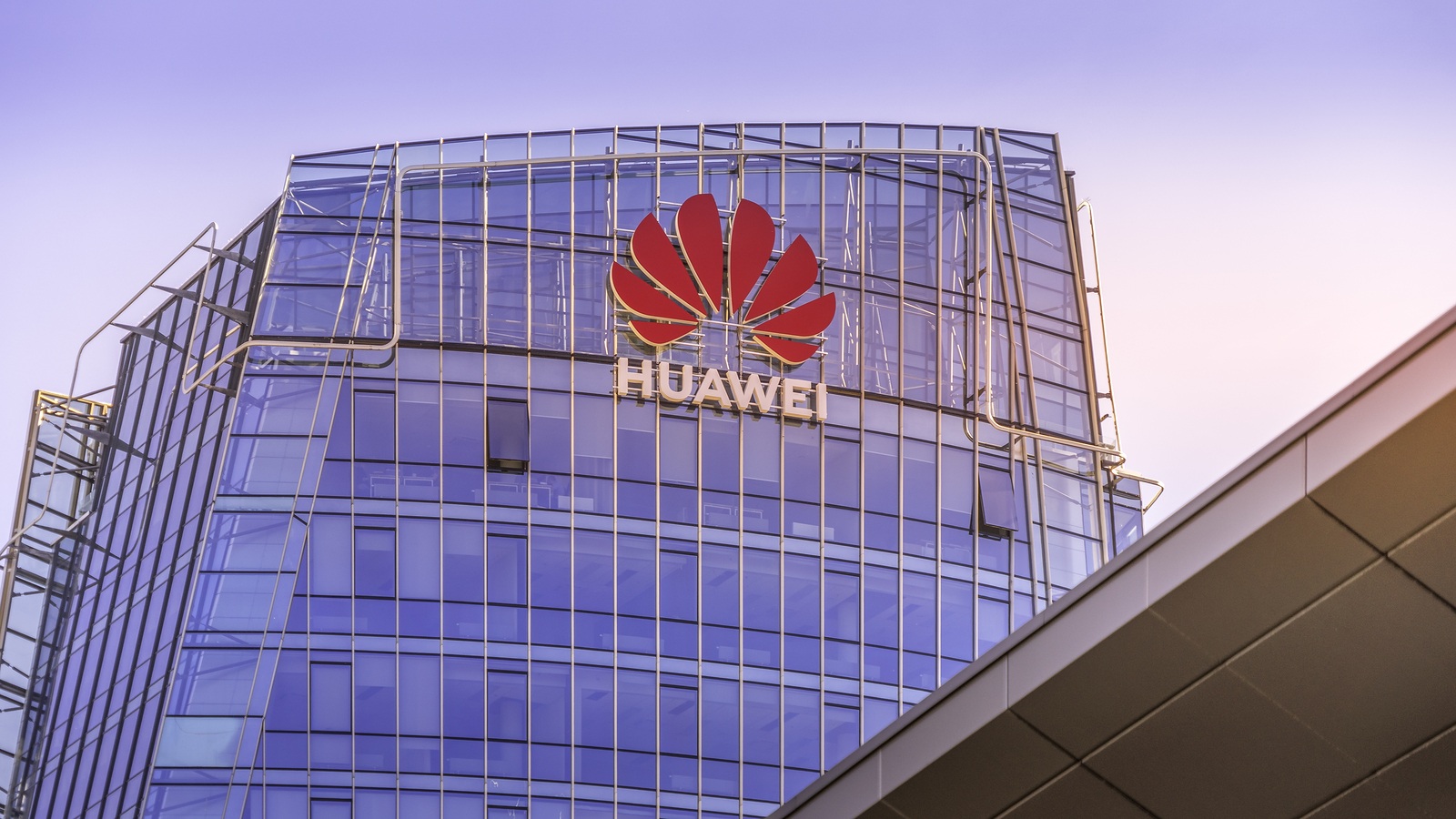 Vilnius, Lithuania - June 03, 2019: Huawei logo on modern building wall. Huawei is Chinese multinational technology company