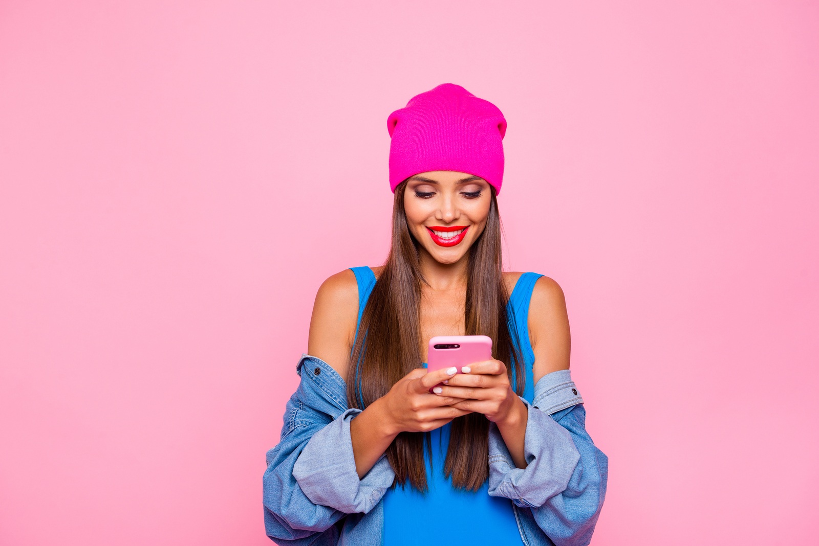 I want like on instagram! Crazy subscriber addicted people person concept. Close up photo portrait of attractive funny cheerful toothy lady using holding cellular in hand isolated bright background