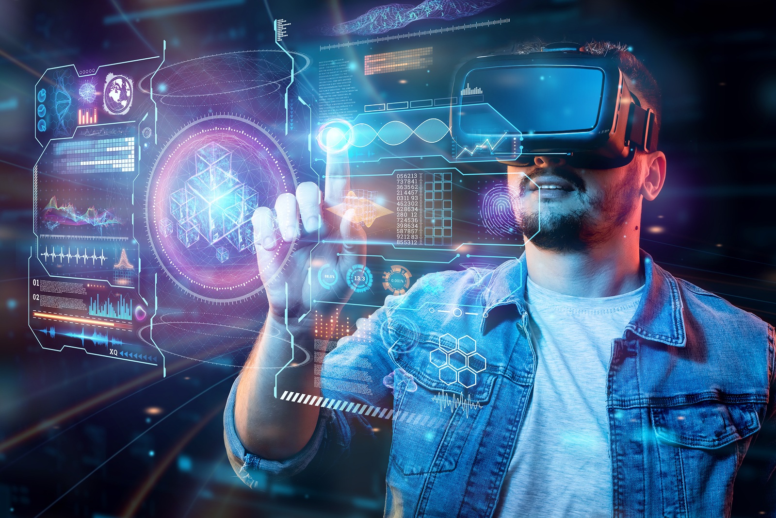 Portrait of a man in virtual reality glasses, vr, against a dark background. The concept of the future is here, applications complement reality, the virtual reality interface. Copy space.