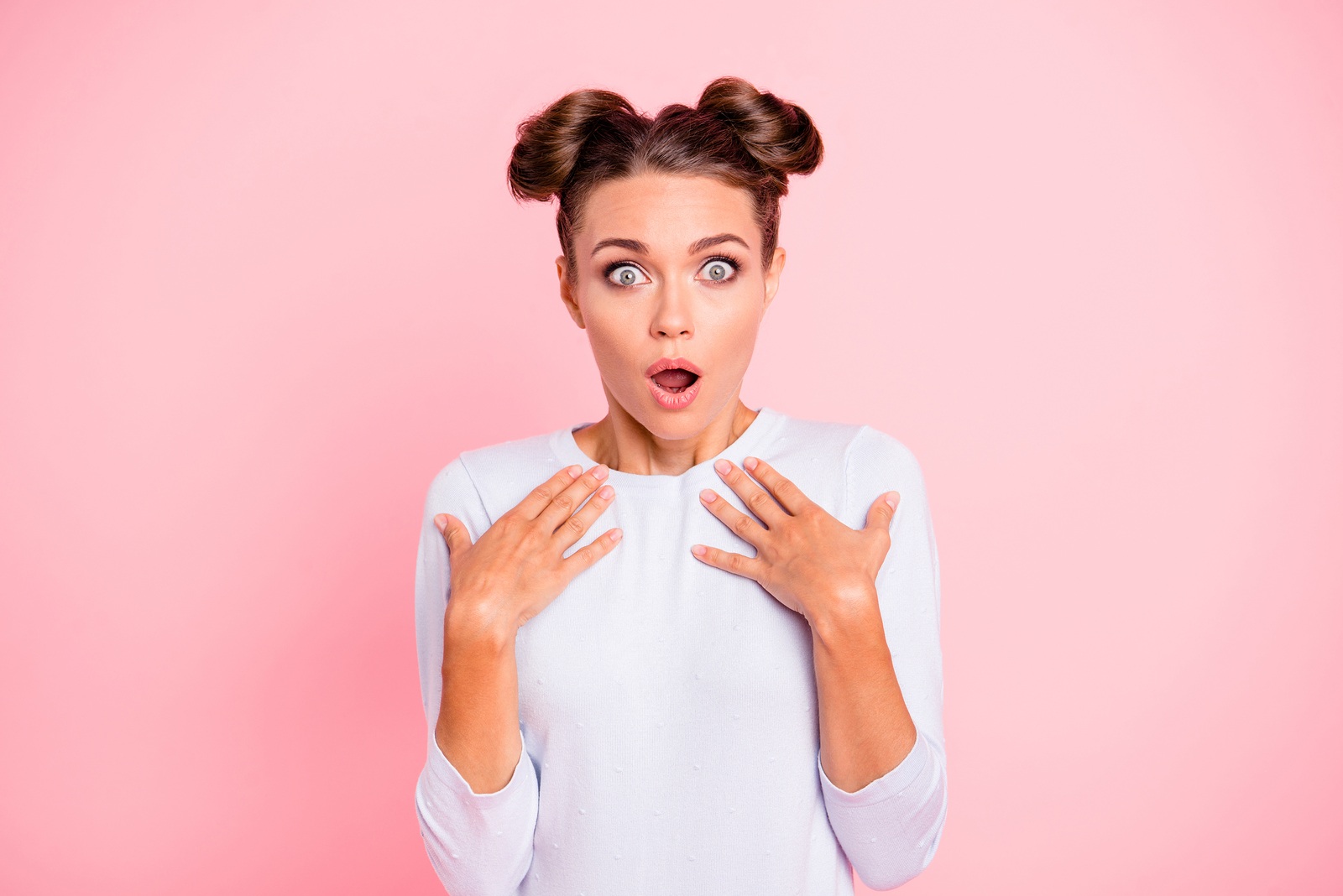 Portrait of nice-looking cute attractive lovely funny cheerful cheery positive girl showing omg no way gesture opened mouth isolated over pink pastel background