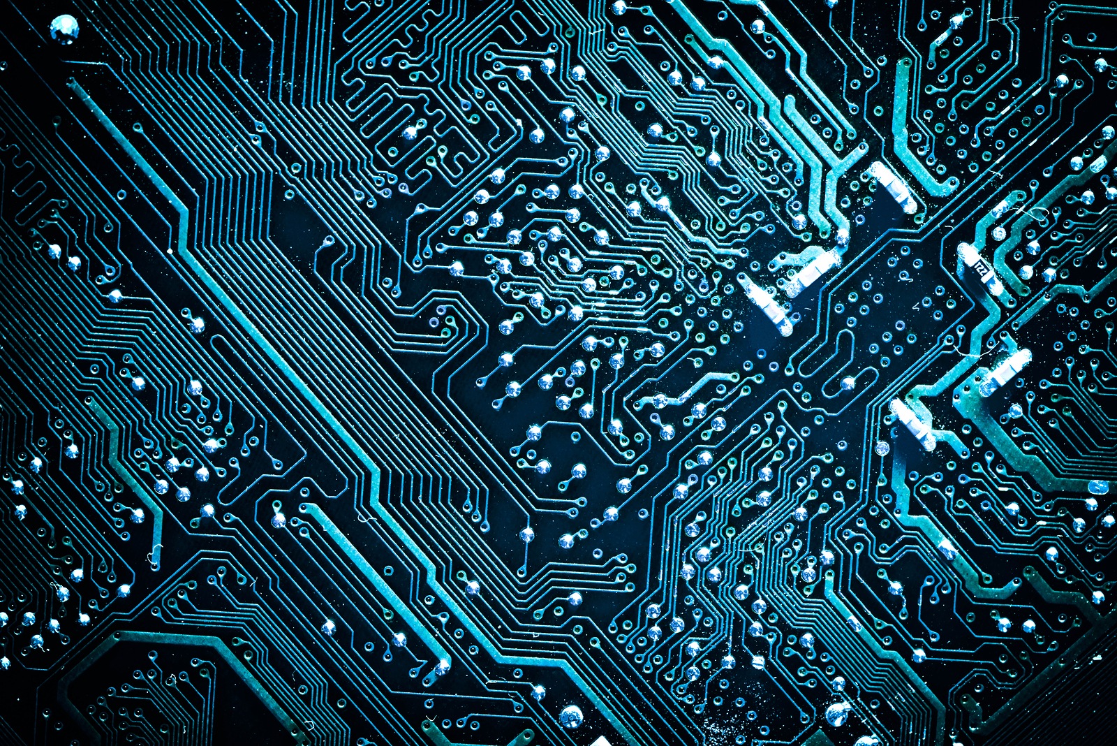 Circuit board. Electronic computer hardware technology. Motherboard digital chip. Tech science background. Integrated communication processor. Information engineering component. Blue color.