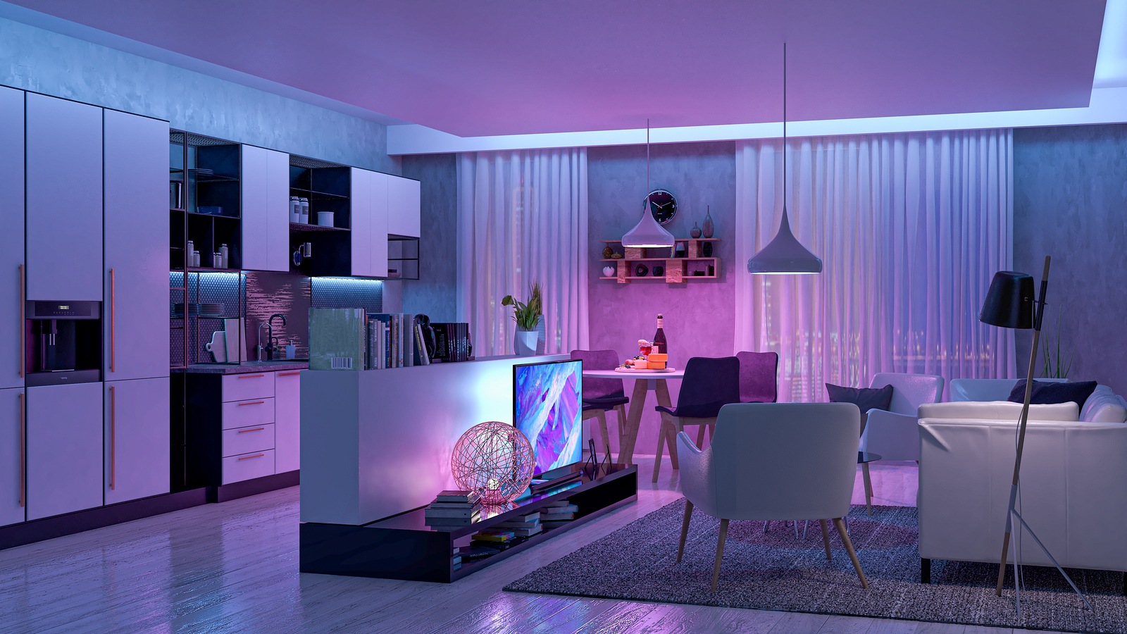 Modern Livingroom with colored led light - Smart home. 3D render