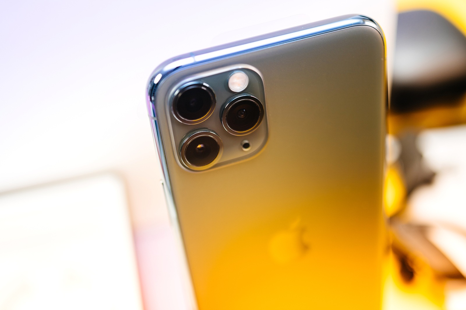 Paris, France - Sep 20, 2019: Detail of the triple-camera lenses of lates iPhone 11 Pro by Apple Computers