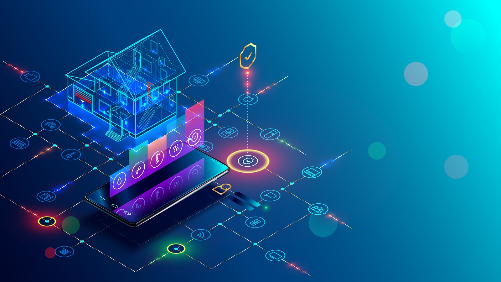 Smart home with internet of things isometric concept. IOT technology in house automation design. Smartphone for wireless control of household appliances via internet. Protection house infrastructure.