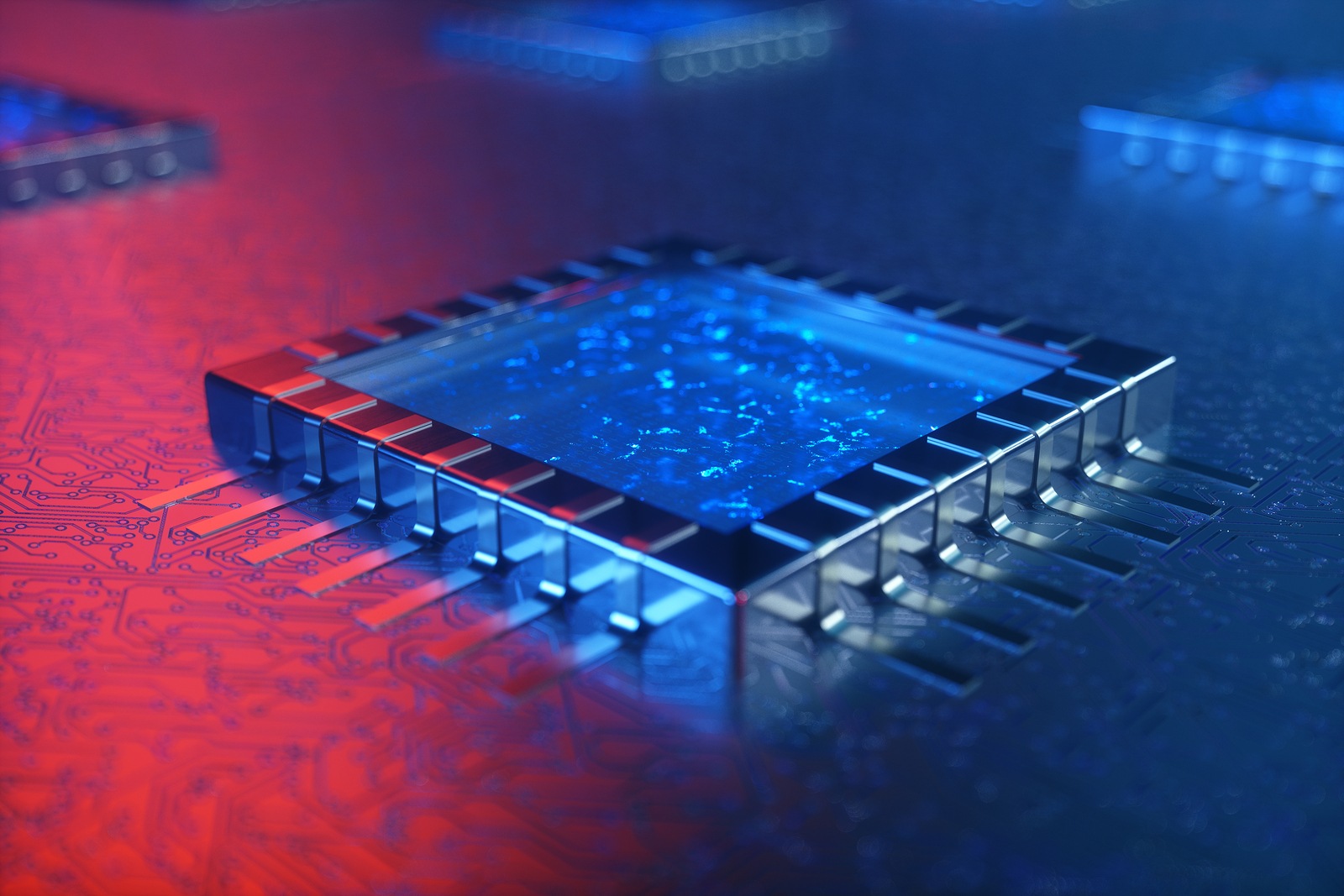 AI - artificial intelligence concept. Machine learning. Central Computer Processors on the circuit board with luminous tracks. Encoded data. Computer chip over circuit background. 3D rendering