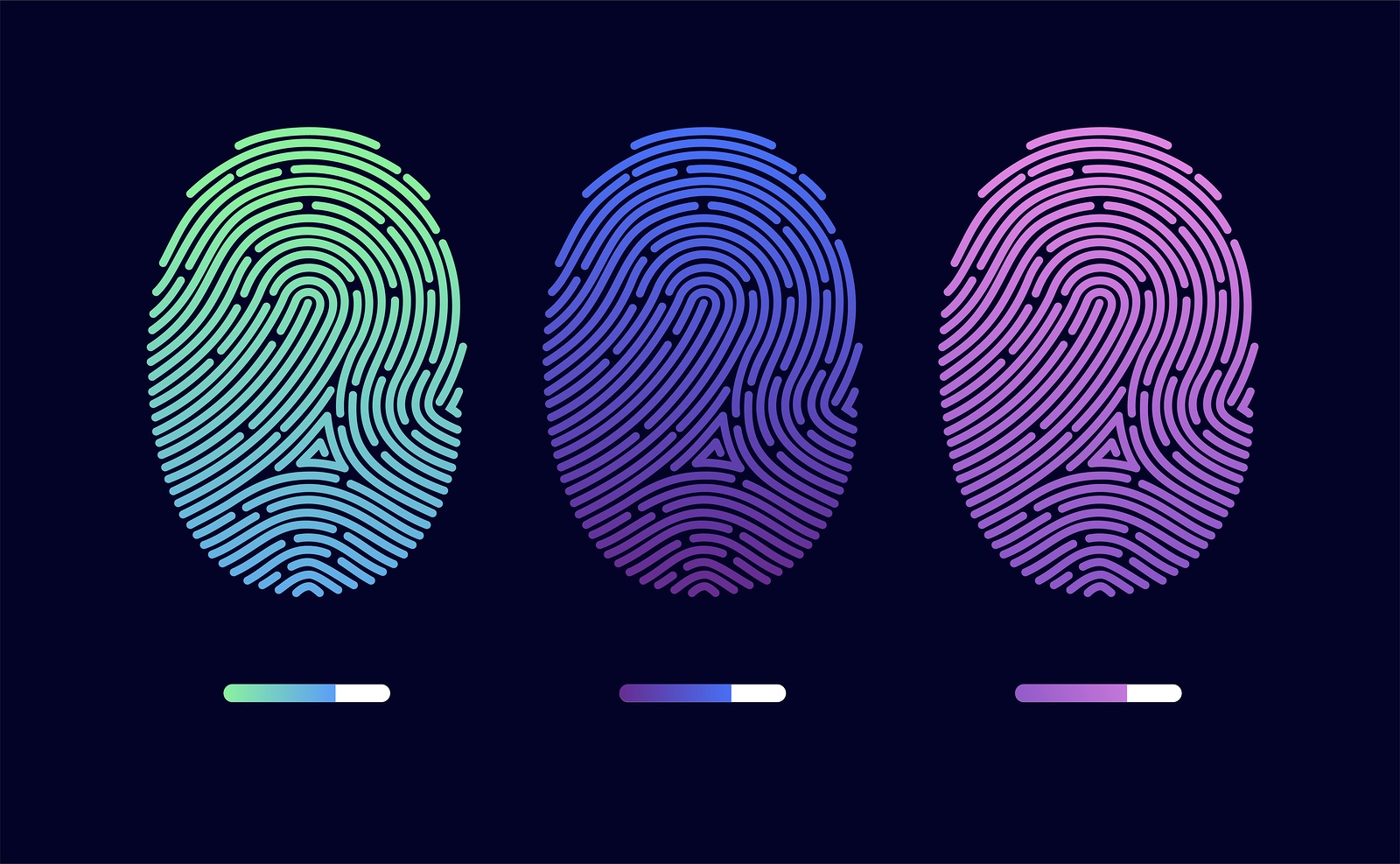 fingerprints. Cyber security concept. Digital security authentication concept. Biometric authorization. Identification. Vector illustration of the fingerprint of different colors on a black background