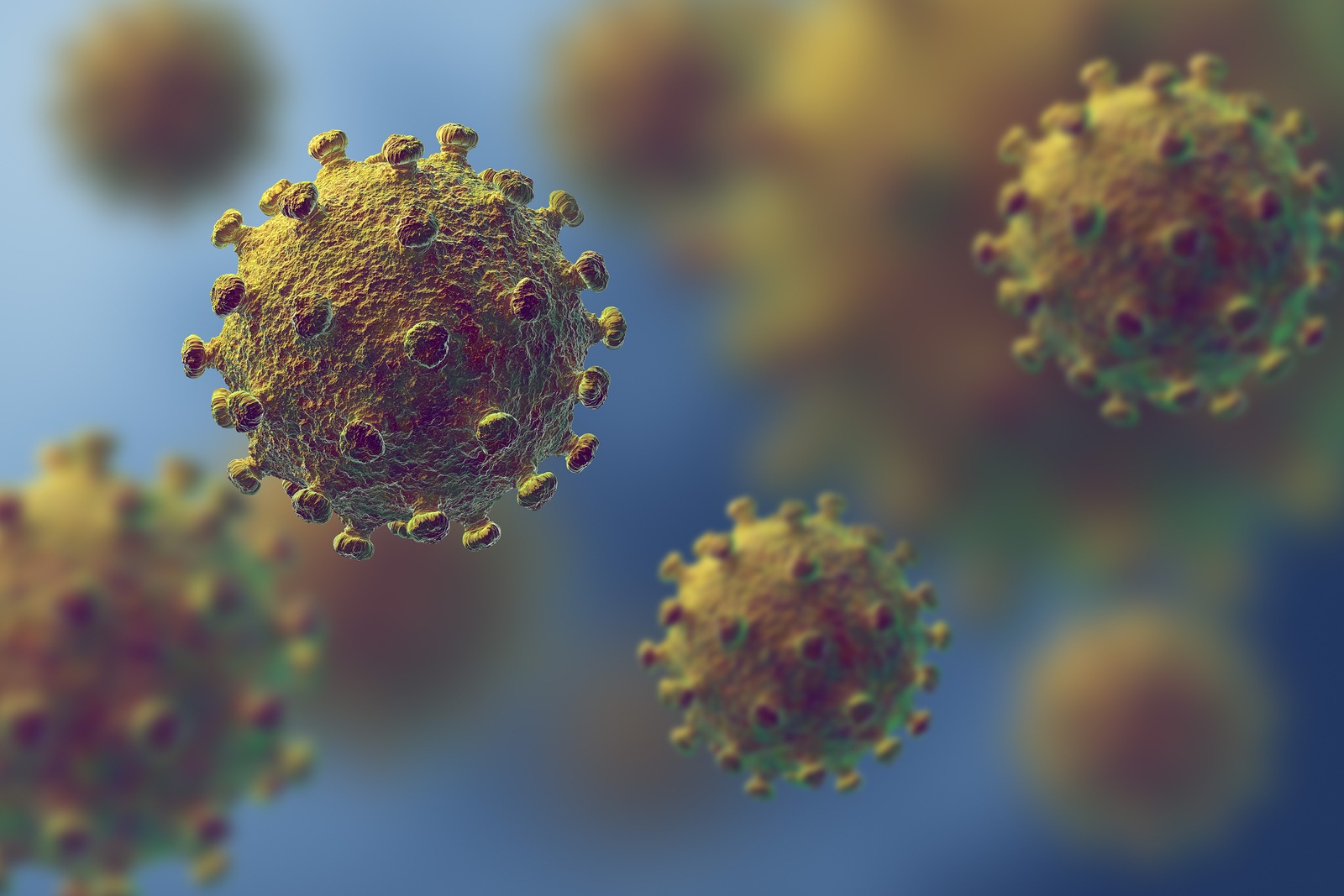 Flu or HIV coronavirus floating in fluid microscopic view, pandemic or virus infection concept - 3D illustration