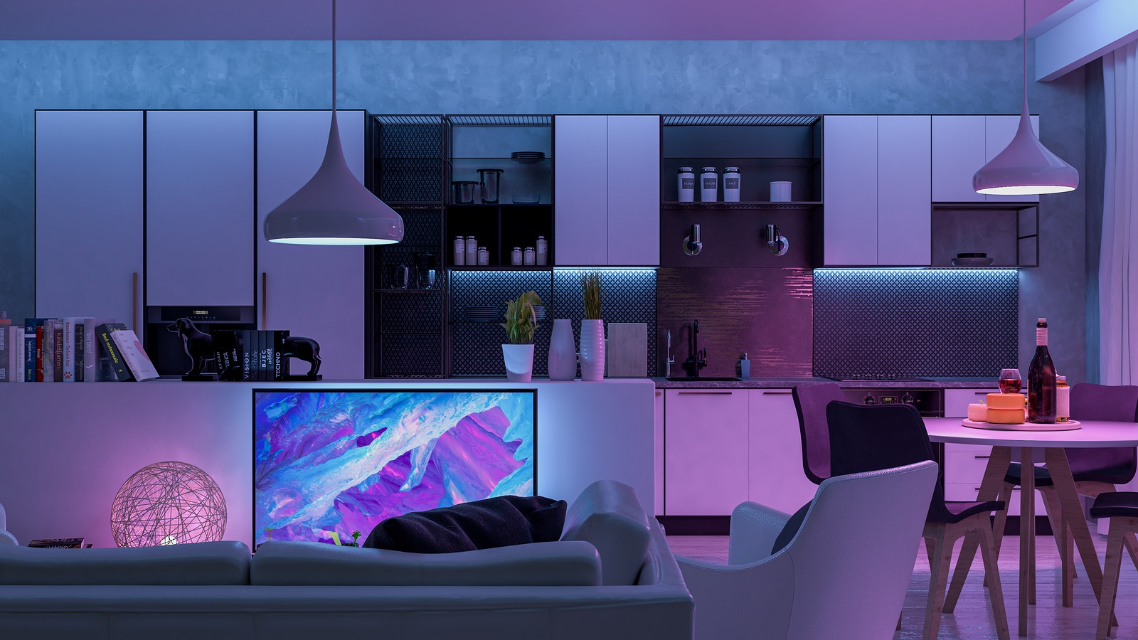 Modern Livingroom with colored led light - Smart home. 3D render