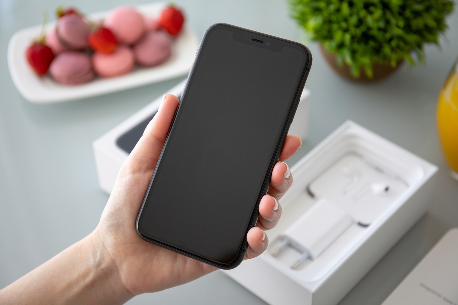 Anapa, Russia - October 1, 2019: Woman hand holding box Apple iPhone 11 under the table. iPhone was created and developed by the Apple inc.