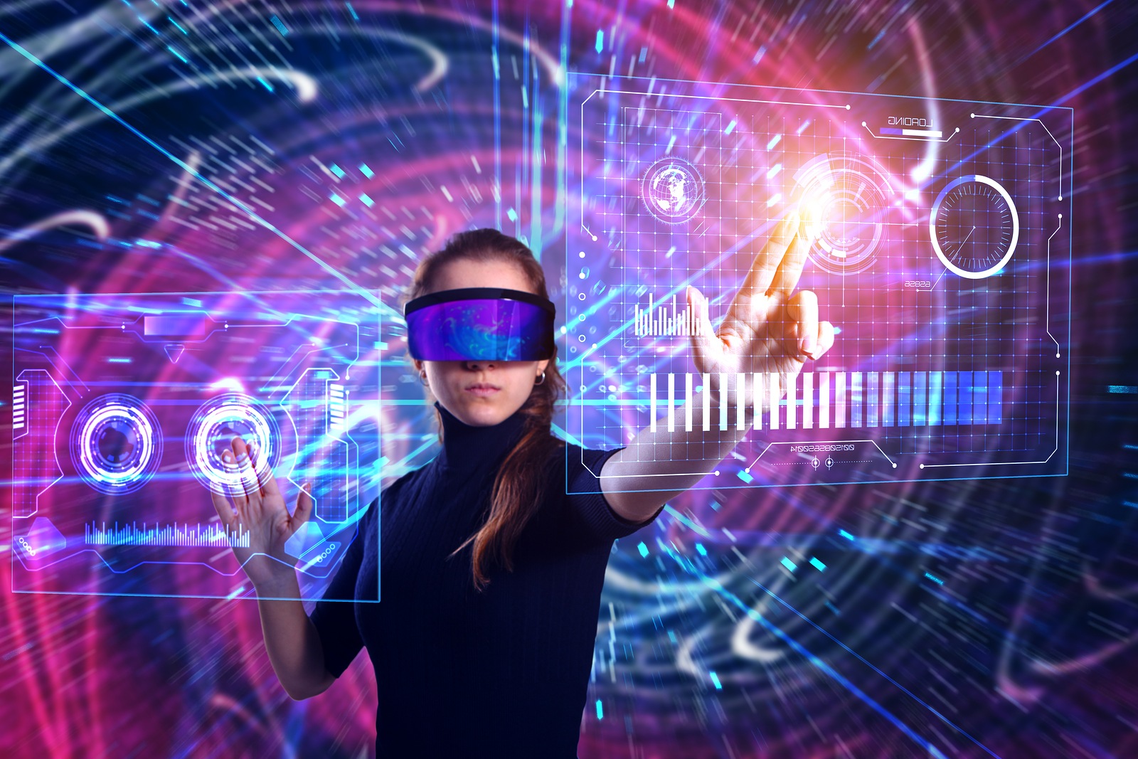 Beautiful young woman in virtual reality glasses on a futuristic background.  Augmented reality, game, future technology concept. VR.