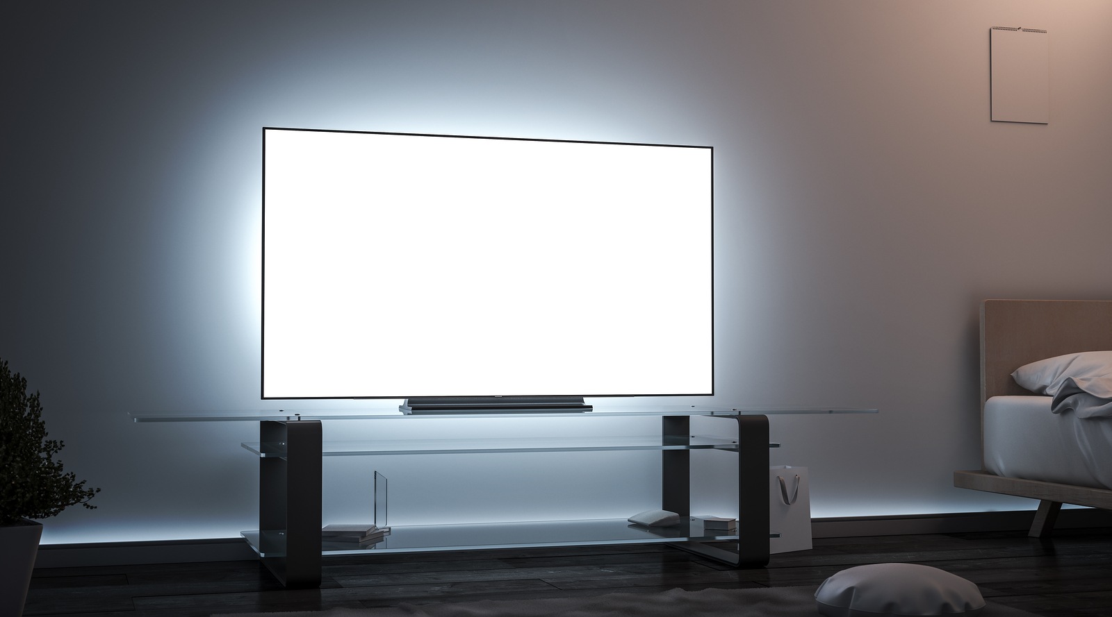 Blank white tv screen room interior in darkness mockup, 3d rendering. Empty lcd widescreen mock up, side view. Clear smart monitor in flat for watch cinema or video template.