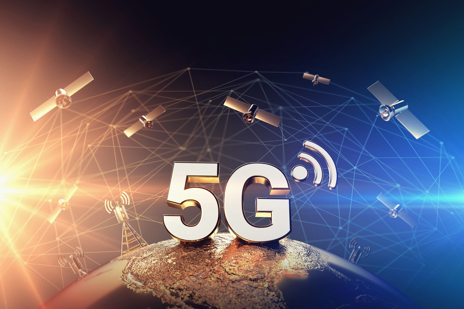 Conflict around 5G network illustrated with closeup on the globe and red and blue lights on opposite sides. War on 5G network concept. 3D rendering