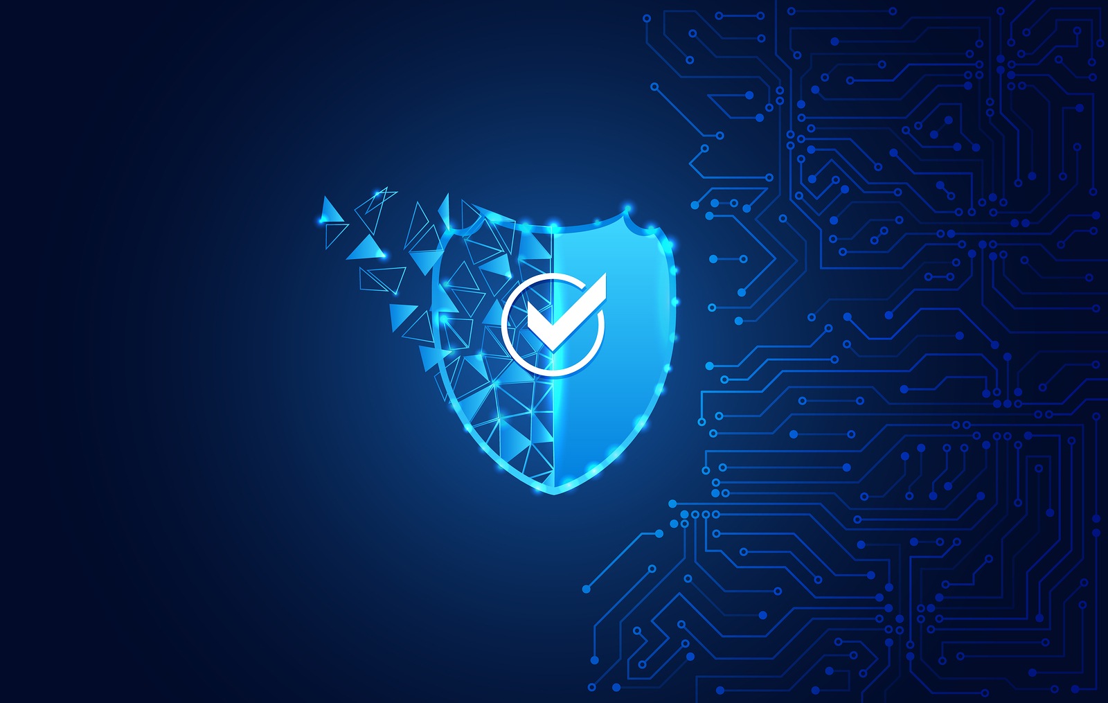 Data security system, information or network protection. Cyber security and data protection. Shield icon, future technology for verification. Abstract circuit board.