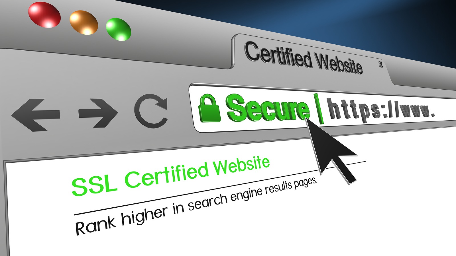 High resolution 3d illustration of SSL Secure Browser with text Certified Website Secure. Great conceptual image for Secure Certified Website.