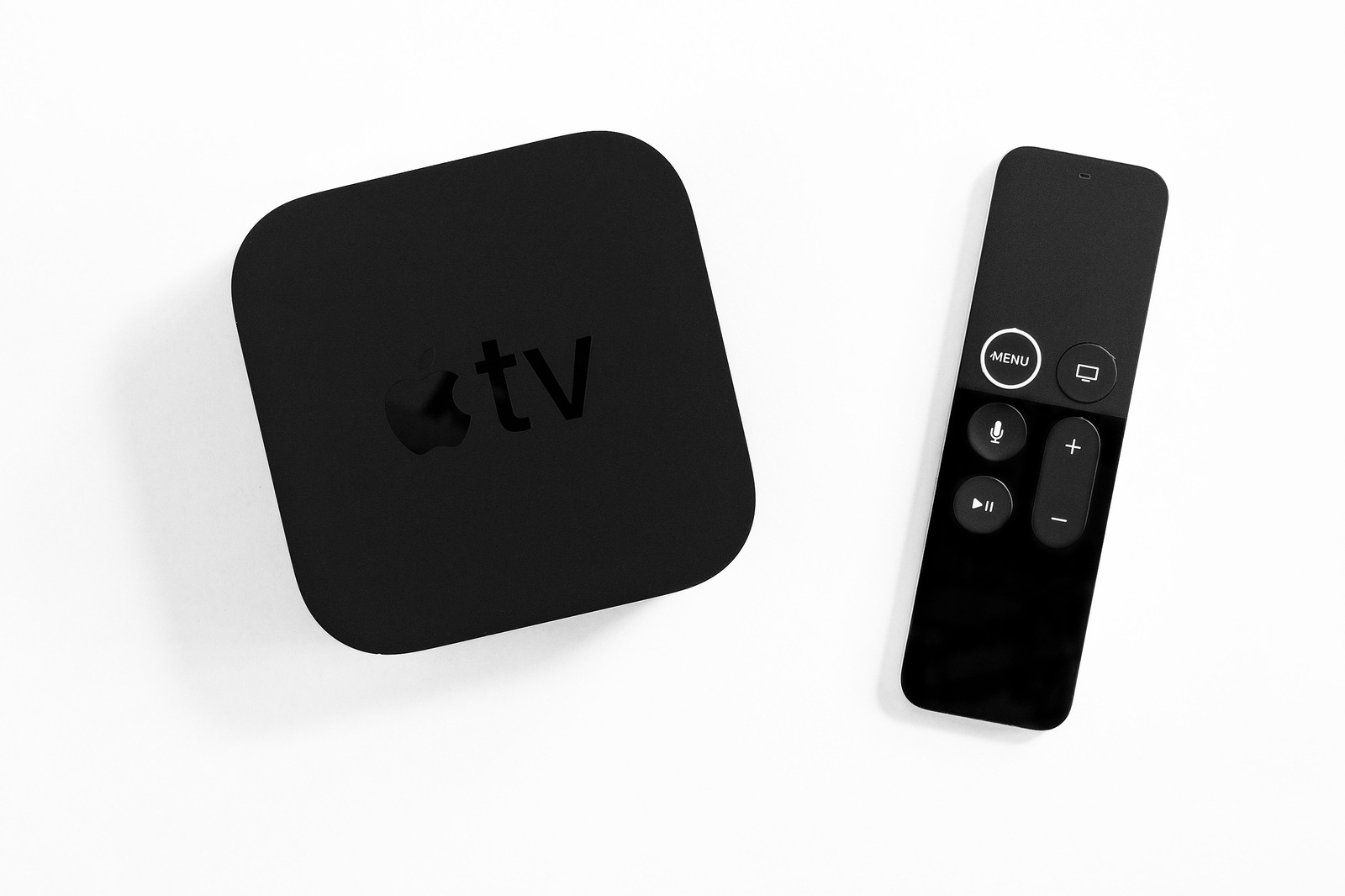 ROSTOV-ON-DON, RUSSIA - DECEMBER 20, 2018: New Apple TV media streaming player microconsole by Apple Computers - not isolated on white. It has new touch remote swipe-to-select with integrated Siri and motion sensor