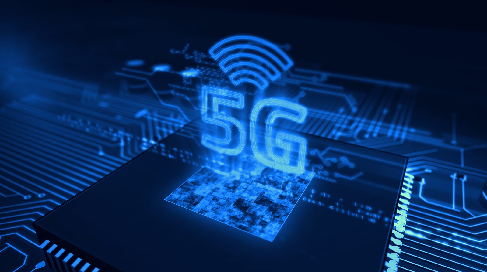 5G hologram over working cpu on circuit board in background. 5G, new technology, communication, streaming transmission and mobile internet concept 3d illustration.