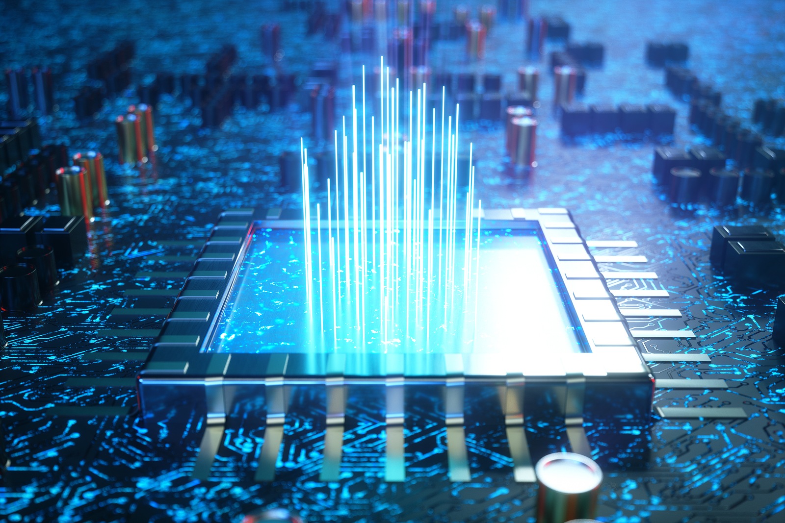 AI - artificial intelligence concept CPU. Machine learning. Central Computer Processors on the circuit board with luminous tracks. Encoded data. Computer chip over circuit background. 3D illustration