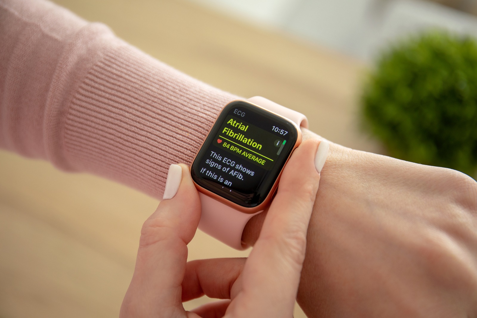 Anapa, Russia - February 16, 2019: Woman hand with Apple Watch Series 4 with the ECG app on the screen. Apple Watch was created and developed by the Apple inc.