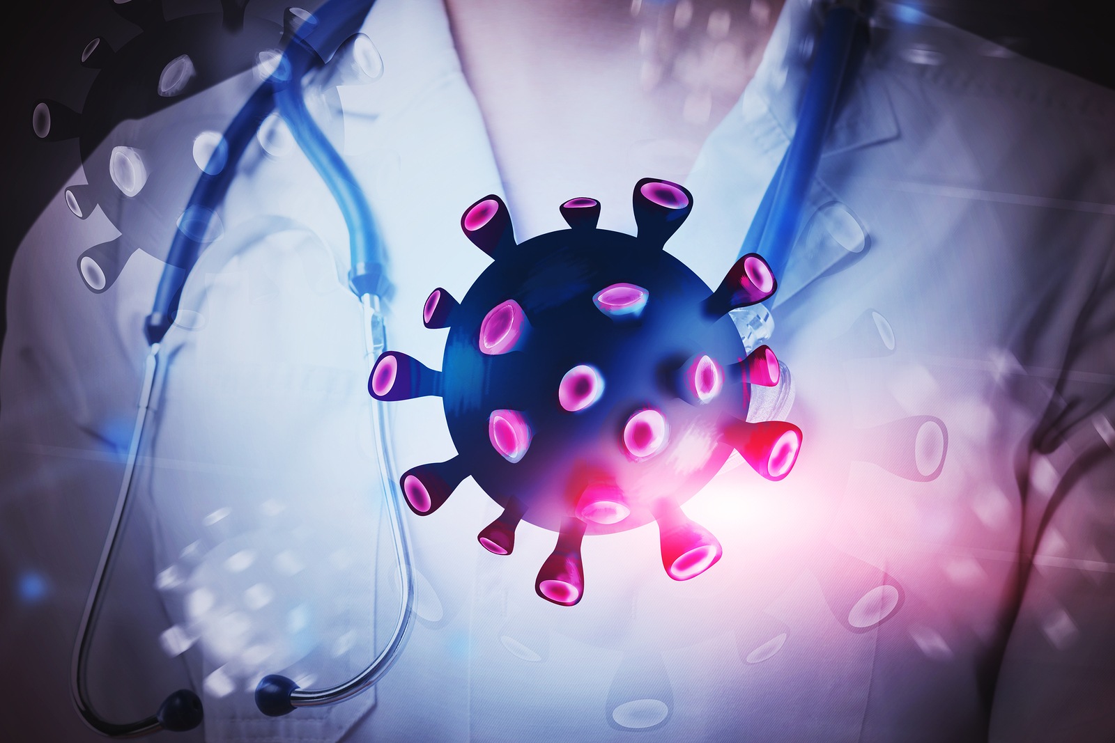 Unrecognizable young woman doctor with stethoscope and double exposure of virus molecules. Concept of coronavirus and Asian flu cure search. Toned image