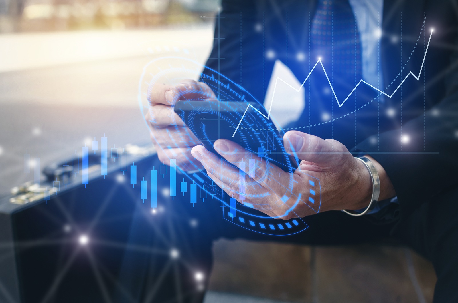 young investor or business man using mobile phone with graphic global network connection and graph chart of stock market investment trading for Forex trading, investment and digital technology concept