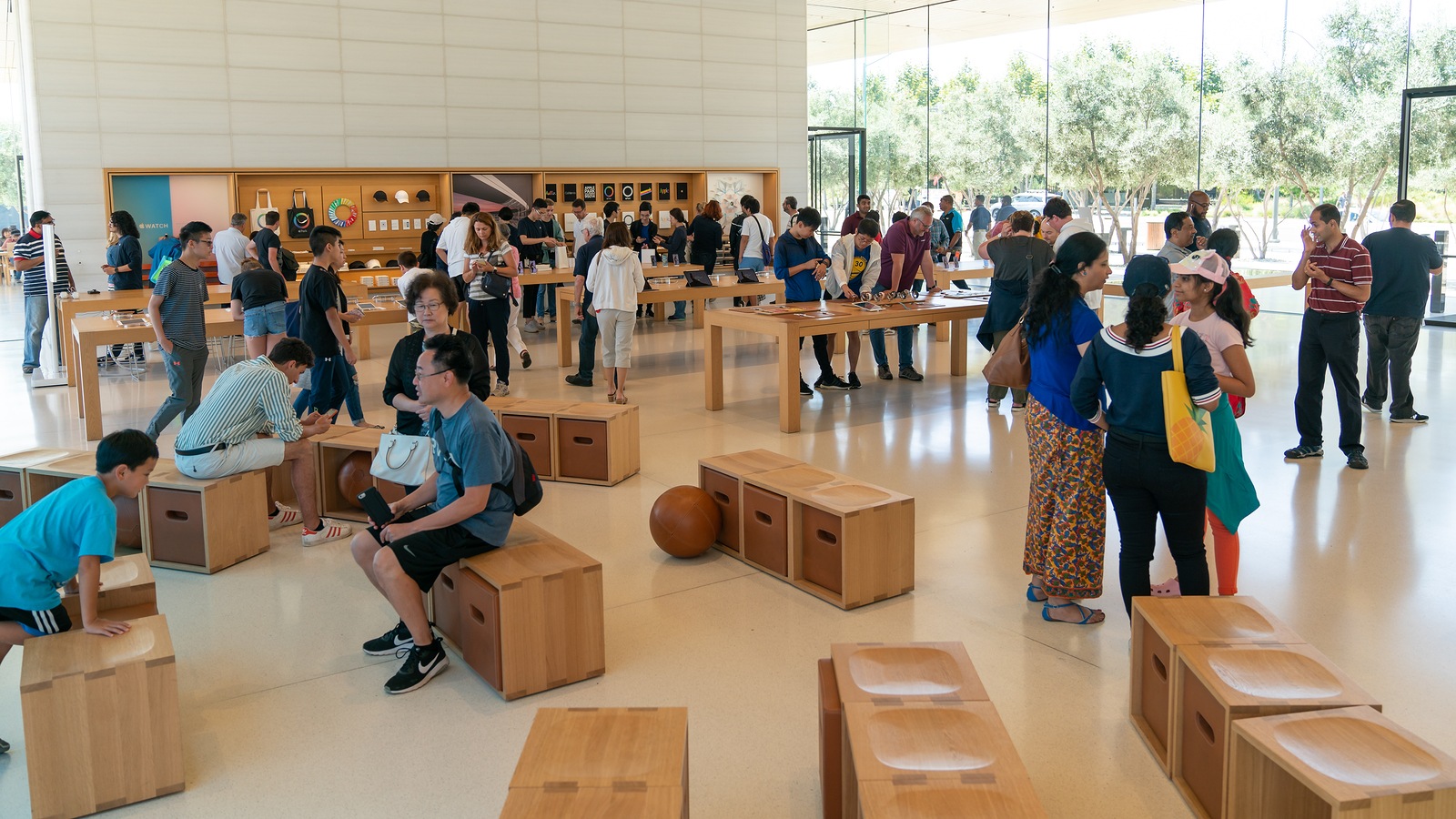 Cupertino, CA, USA - August 2019: Group of people in Apple Store Cupertino, near Apple Headquarters infinite loop