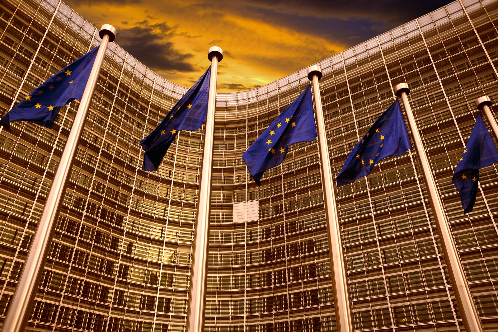 EU flags in front of European Commission building in Brussels