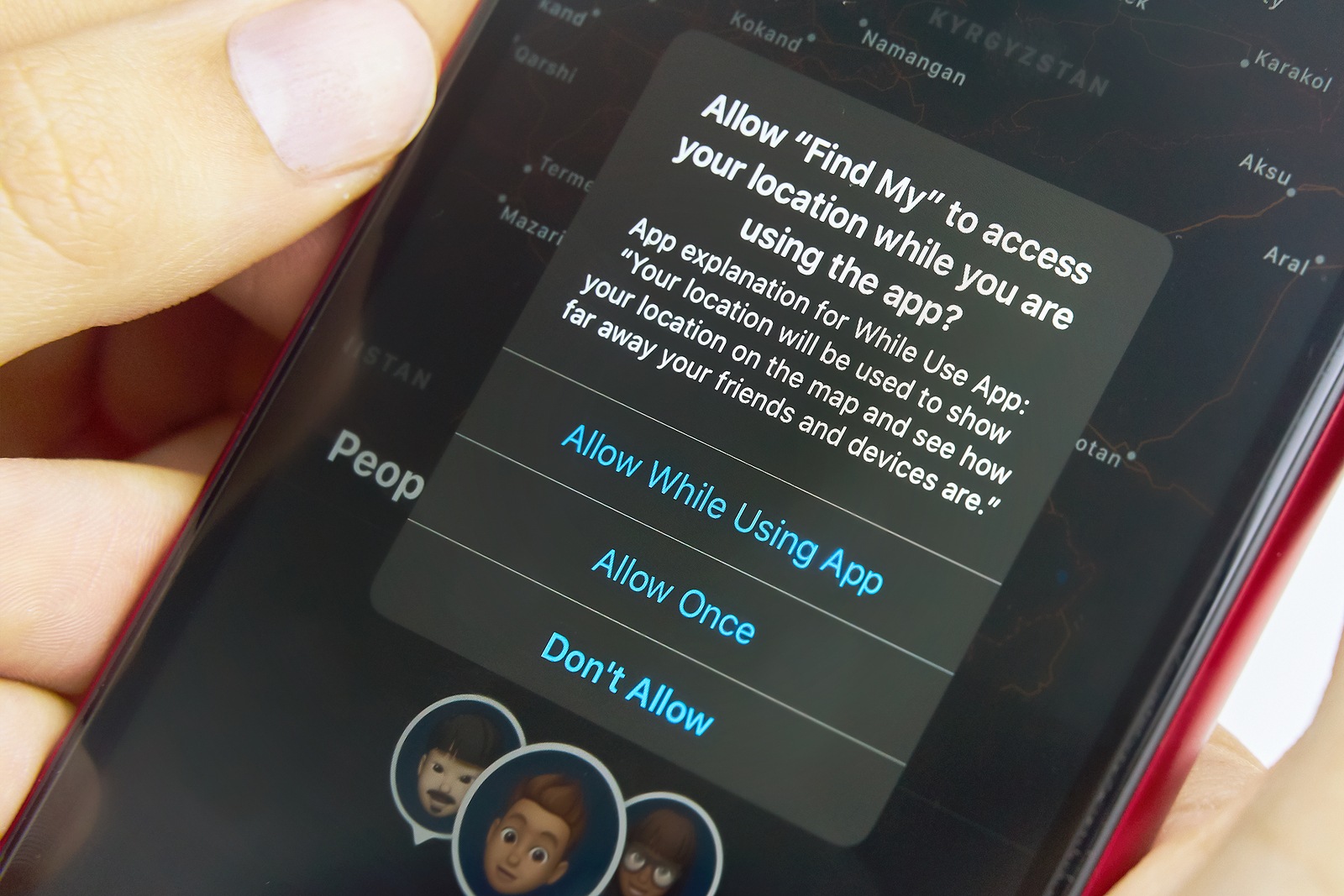 Bishkek, Kyrgyzstan - July 6, 2019: Find My App requests permission to use geolocation. New application on iPhone.