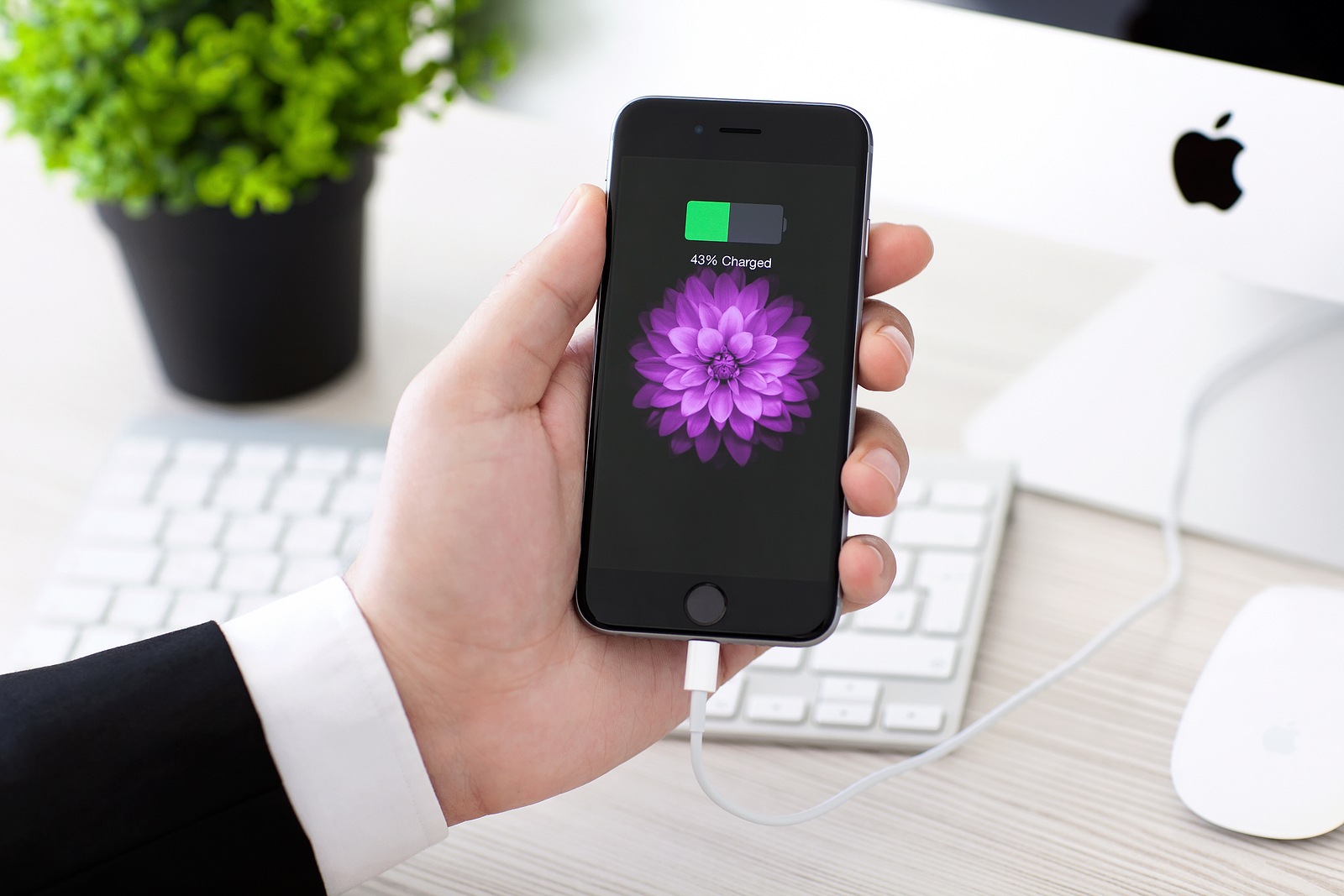 Alushta Russia - November 2 2014: Man holding a iPhone 6 Space Gray with battery icon on the screen. iPhone 6 was created and developed by the Apple inc.