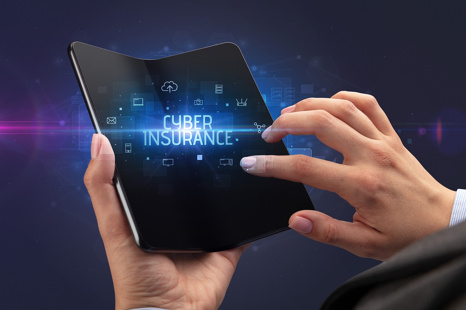 Businessman holding a foldable smartphone with CYBER INSURANCE inscription, cyber security concept