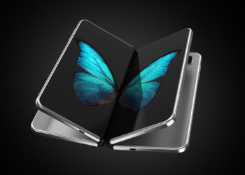 Concept of two foldable smartphone folded and placed next to each other with butterfly image on screens. Flexible smartphone isolated on black background. 3D rendering