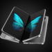 Concept of two foldable smartphone folded and placed next to each other with butterfly image on screens. Flexible smartphone isolated on black background. 3D rendering