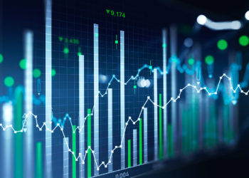 Financial chart and rising graph with lines and numbers and bar diagrams that illustrate stock market behaviour. Concept of successful trading. Dark blue background. 3d rendering