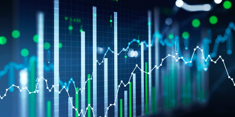 Financial chart and rising graph with lines and numbers and bar diagrams that illustrate stock market behaviour. Concept of successful trading. Dark blue background. 3d rendering