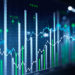 Financial chart and rising graph with lines and numbers and bar diagrams that illustrate stock market behaviour. Concept of successful trading. Dark blue background. 3d rendering