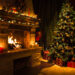 Living room home interior with decorated fireplace and christmas tree